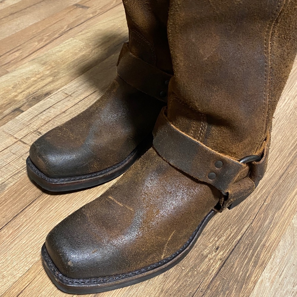 Frye Harness 12R Brown Distressed Leather Square Toe Moto Boots Women's Size 8M - Picture 2 of 10